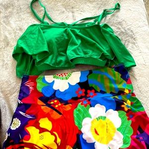 Women’s Junior two piece bathing suit sets bottoms are shorts with overly